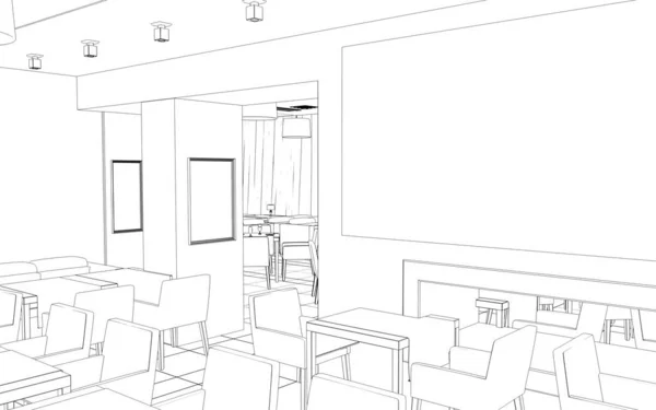 Visualisasi Interior Kafe Ilustrasi Sketsa — Stok Foto