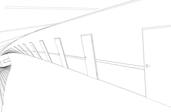 Чорно Білий Вигнутий Лінійний Коридор Внутрішня Ілюстрація — стокове фото