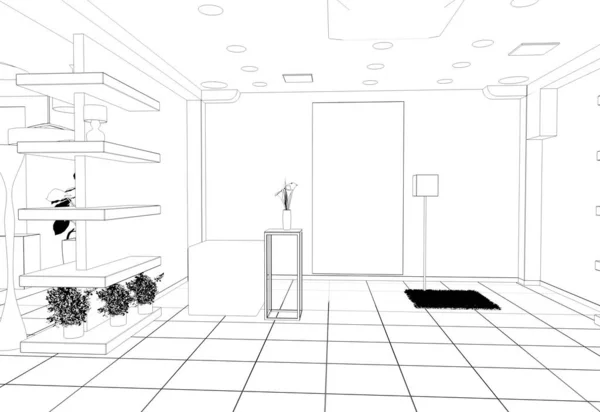 Schwarz Weiß Visualisierung Der Ladeninnenlinie Illustration — Stockfoto