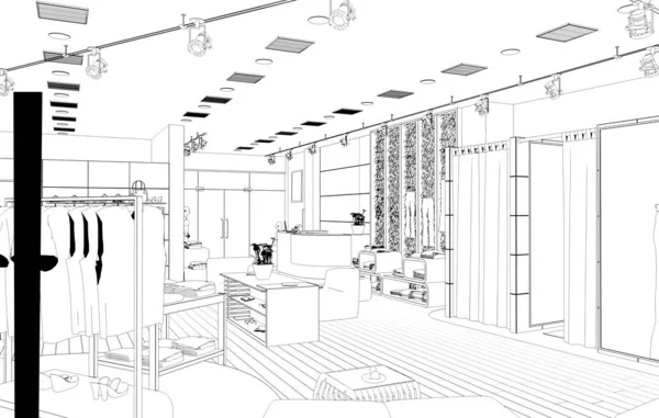 黑白商店内部方案可视化 3D插图 — 图库照片