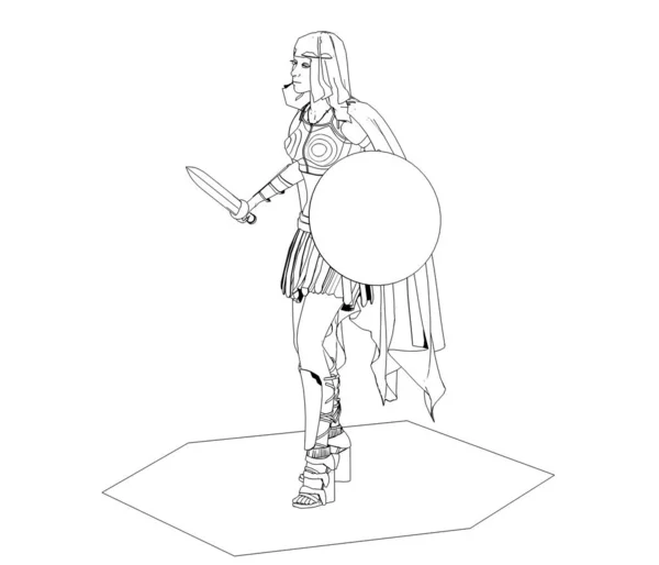 Ilustração Preta Mulher Guerreira Com Espada Escudo Sobre Fundo Branco — Fotografia de Stock