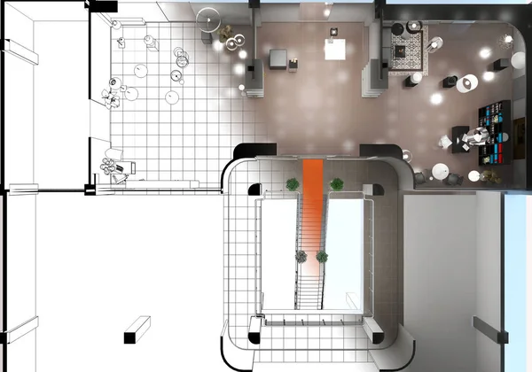 现代商店内部可视化 3D插图 — 图库照片