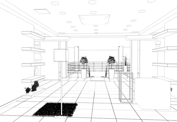 Zwart Wit Winkel Interieur Lijn Visualisatie Illustratie — Stockfoto