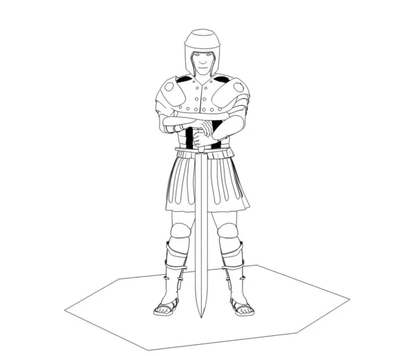 白を背景に剣を持つローマの戦士の黒と白のスケッチL — ストック写真