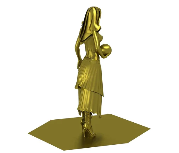 Złoty Model Dziewczyny Sukience Kulą Izolowane Białym Tle — Zdjęcie stockowe