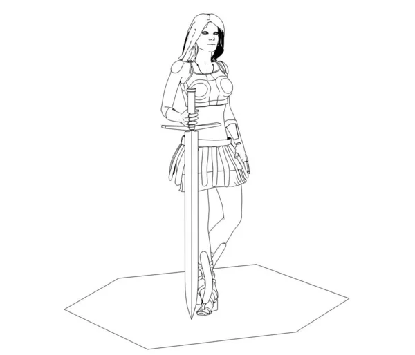 Black Sketch Model Warrior Girl Holding Sword — Stock Photo, Image