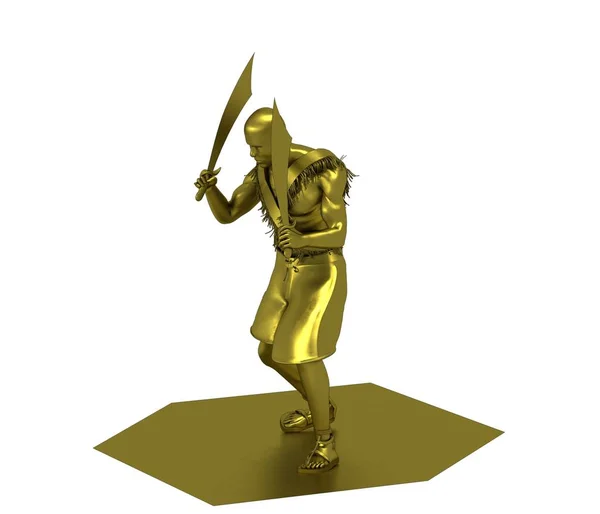 3d gold model illustration of warrior with two swords on white background