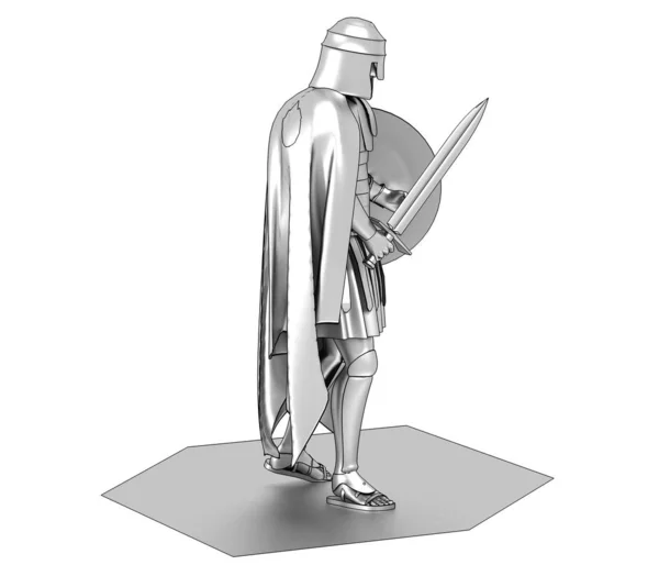 Grey Model Winter Rome Warrior Sword Shield White Background — ストック写真