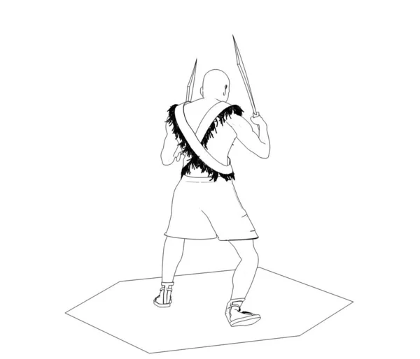 Black White Line Illustration Warrior Two Swords White Background — Stock Photo, Image