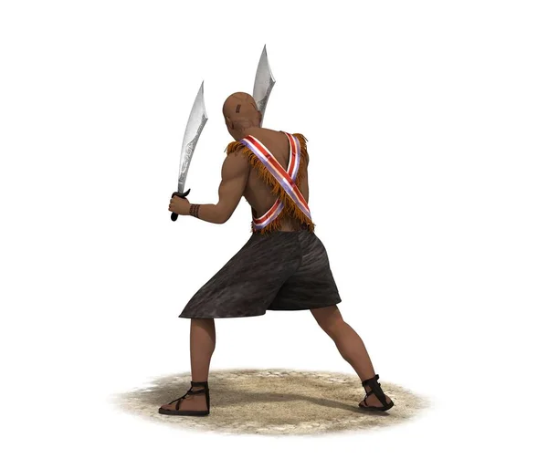 3d color illustration of warrior with two swords on white background