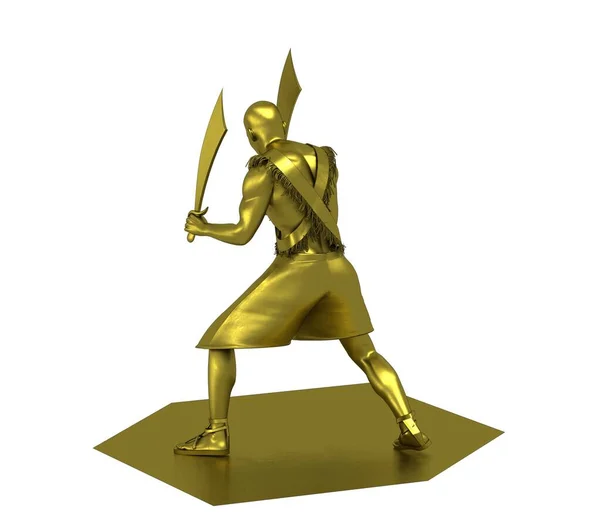 Modelo Ouro Ilustração Guerreiro Com Duas Espadas Sobre Fundo Branco — Fotografia de Stock