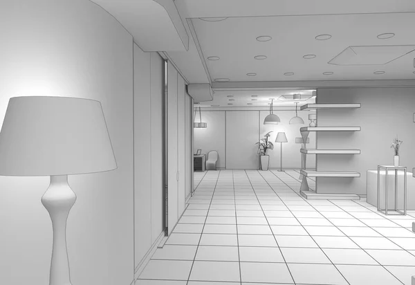 现代商店内部可视化 3D插图 — 图库照片