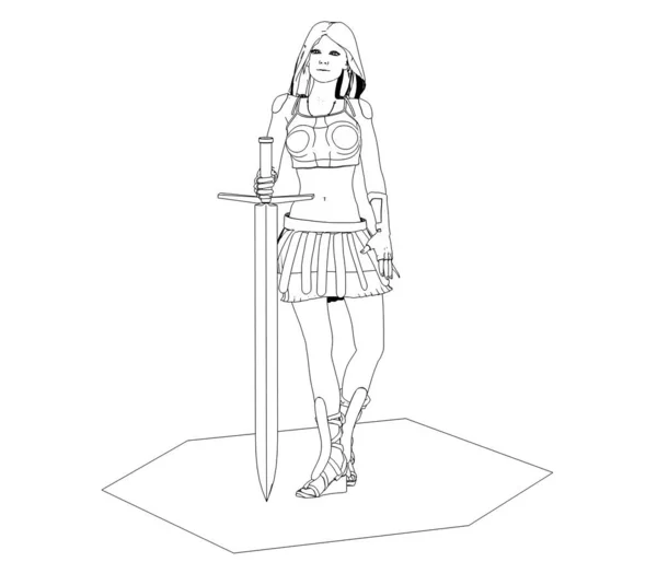 Μαύρο Σκίτσο Μοντέλο Της Πολεμίστριας Κορίτσι Κρατώντας Σπαθί — Φωτογραφία Αρχείου