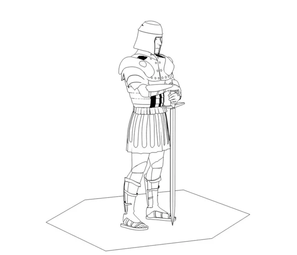 白を背景に剣を持つローマの戦士の黒と白のスケッチL — ストック写真