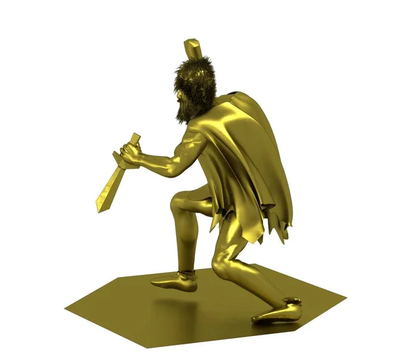 带剑和木棍的古代战士3D灰色模型 — 图库照片