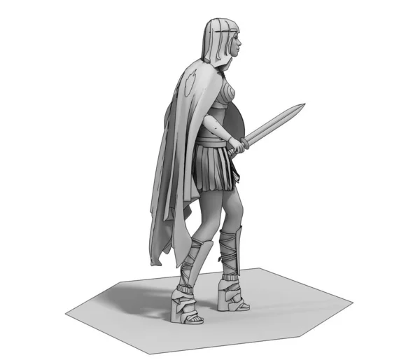 Grey Model Woman Warrior Sword Shield — Stock Photo, Image