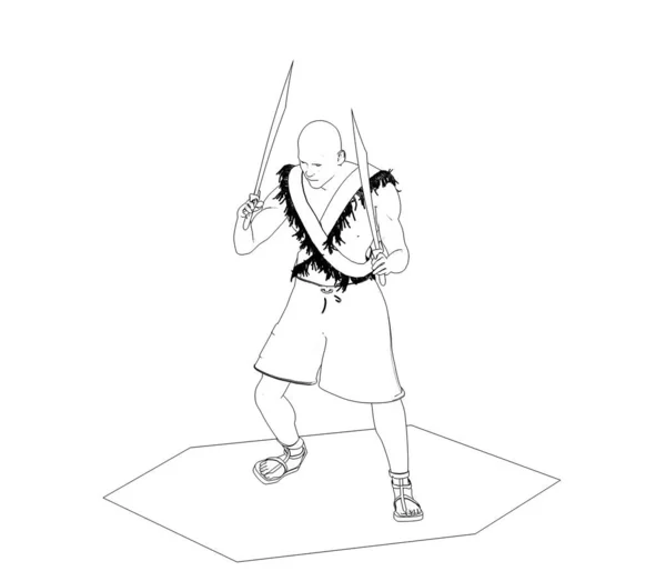 Linha Preta Branca Ilustração Guerreiro Com Duas Espadas Sobre Fundo — Fotografia de Stock