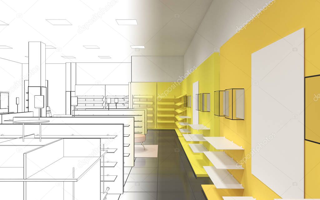 Clothes store interior visualization, 3D illustration 