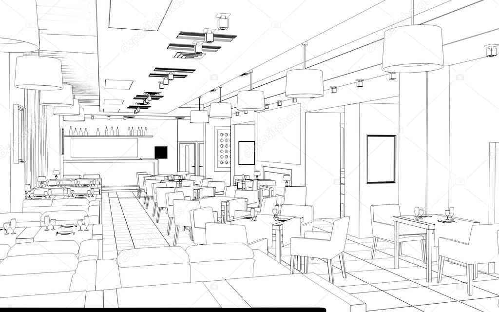 Cafe interior visualization, 3D sketch illustration 