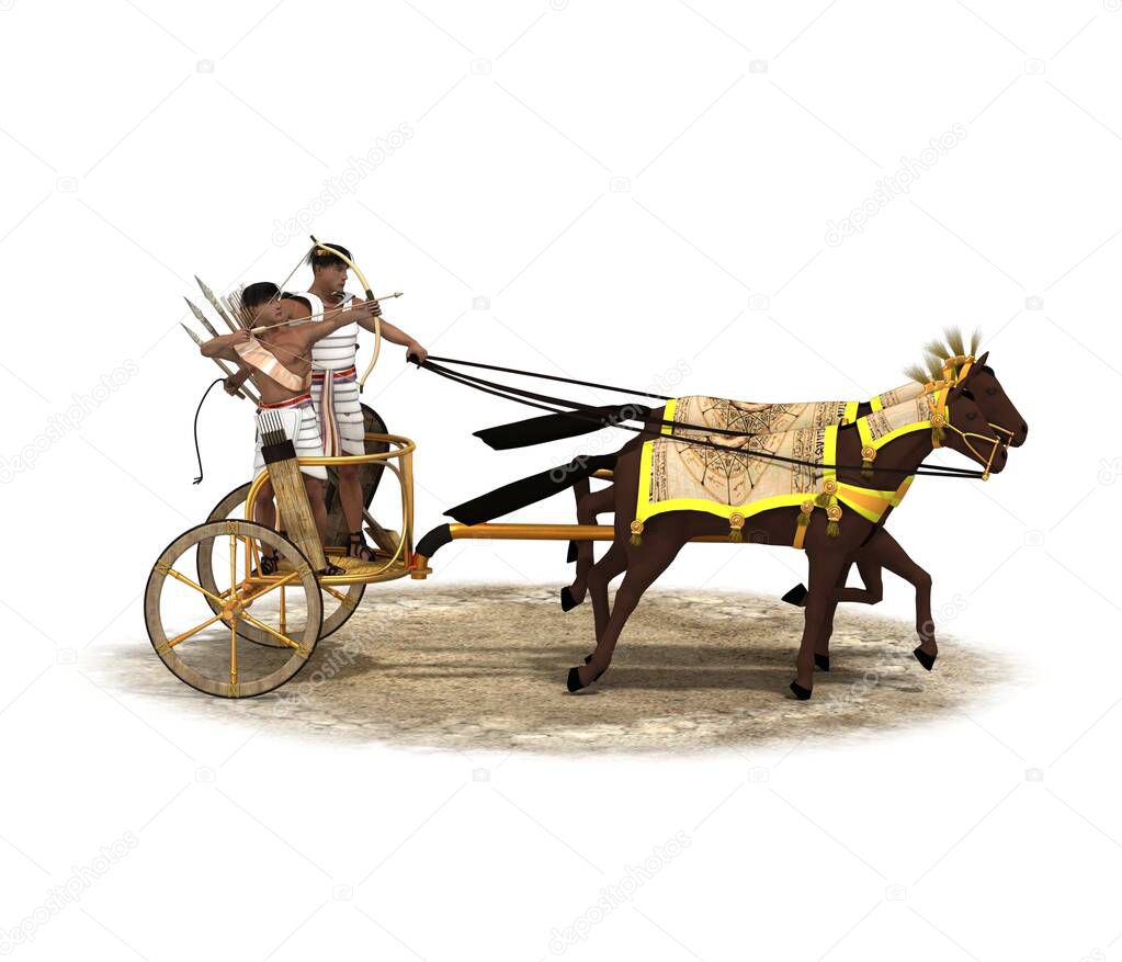 3d color model of chariot with two warriors on white background