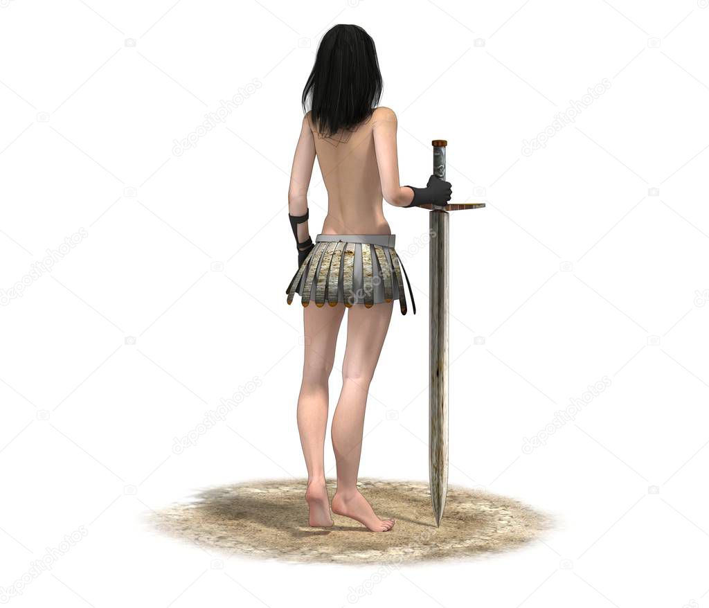 Color 3d illustration of naked girl with sward 