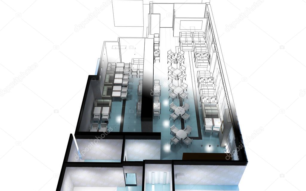 Cafe interior visualization, 3D sketch illustration 