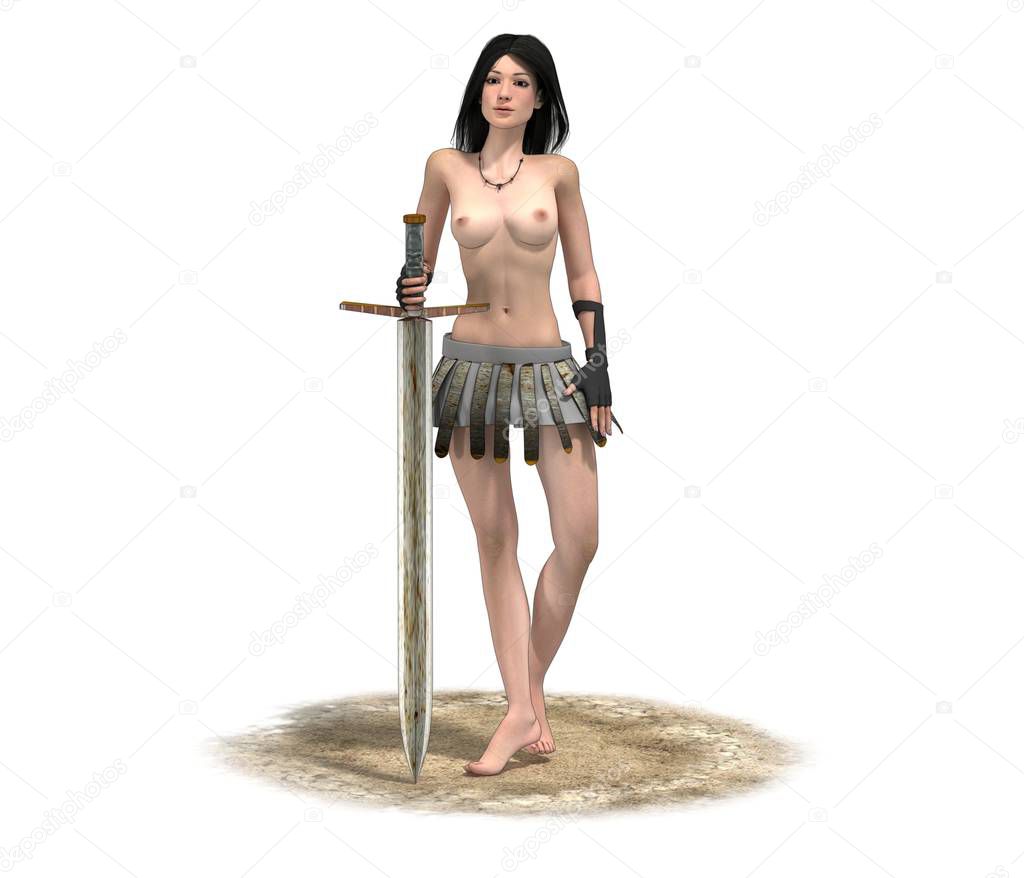 Color 3d illustration of naked girl with sward 