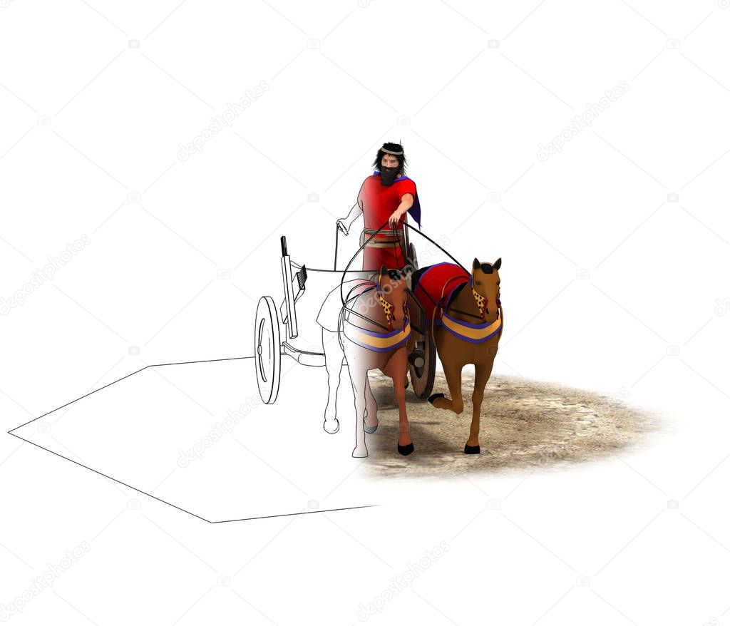 3d color model of chariot with warrior on white background
