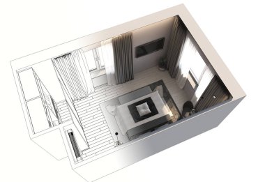 Boş oda iç tasviri, 3 boyutlu illüstrasyon 