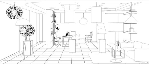 Lined scheme interior visualization for clothes store, 3D illustration
