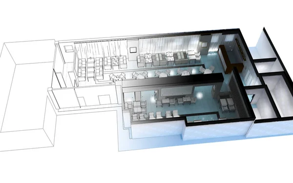 Cafe interior visualization, 3D sketch illustration