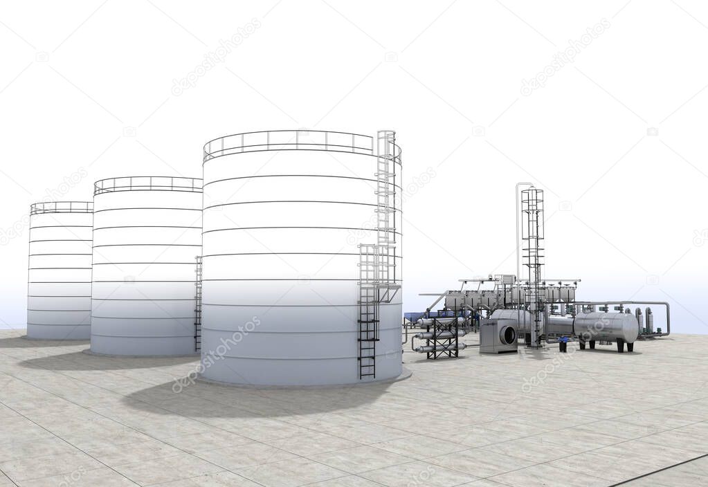Industrial tanks buildings, 3d visualization, illustration