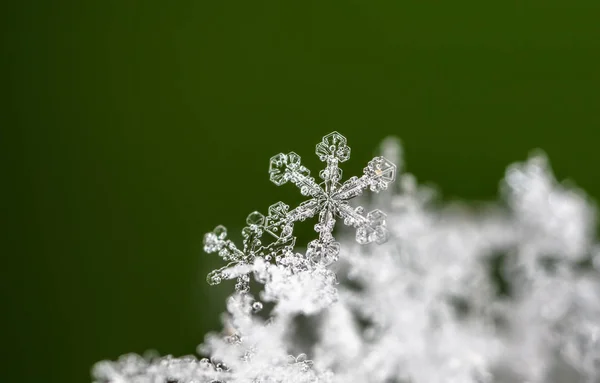 黑暗背景下的雪花宏观视图 — 图库照片