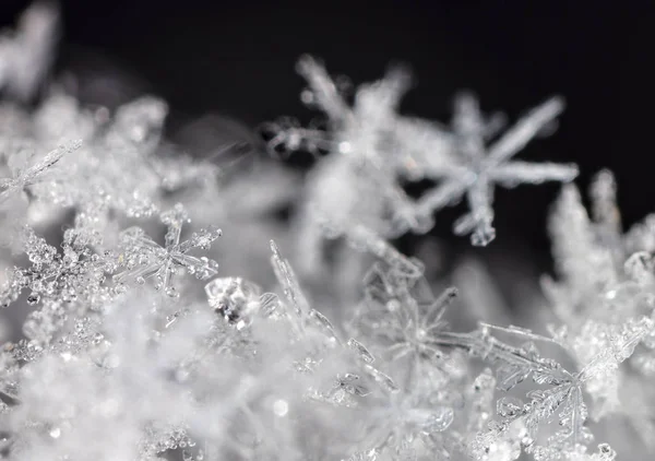 Close Weergave Van Witte Kristallen Sneeuwvlokken Zwarte Achtergrond — Stockfoto