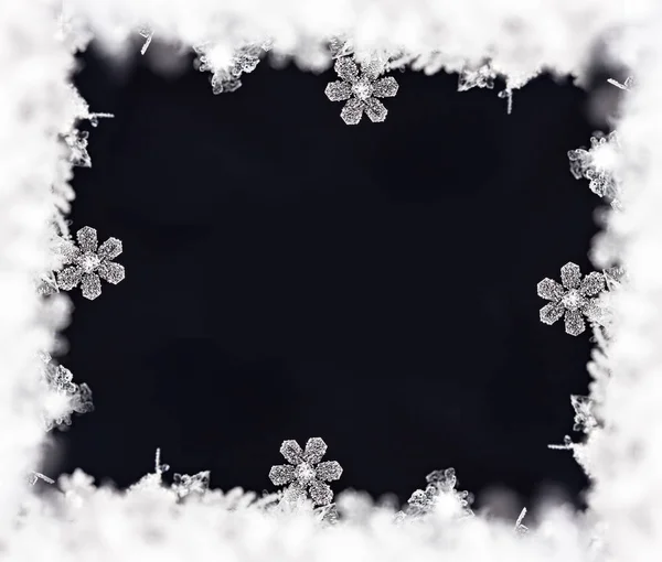 Vista Primer Plano Copos Nieve Cristal Blanco Sobre Fondo Negro — Foto de Stock
