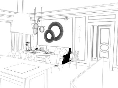 Siyah ve beyaz çizgili iç mekan görselleştirmesi, 3D illüstrasyon 