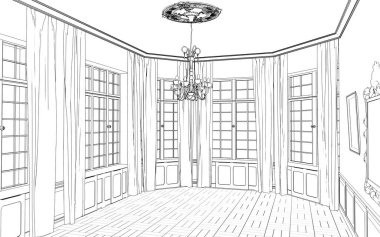 Siyah ve beyaz çizgili iç mekan görselleştirmesi, 3D illüstrasyon 