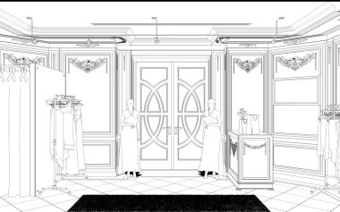 Siyah ve beyaz çizgili iç mekan görselleştirmesi, 3D illüstrasyon 