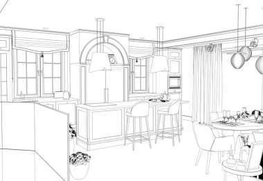 Siyah ve beyaz çizgili iç mekan görselleştirmesi, 3D illüstrasyon 