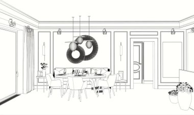 Siyah ve beyaz çizgili iç mekan görselleştirmesi, 3D illüstrasyon 