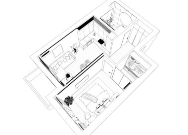 Siyah ve beyaz çizgili iç mekan görselleştirmesi, 3D illüstrasyon 