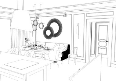 Siyah ve beyaz çizgili iç mekan görselleştirmesi, 3D illüstrasyon 