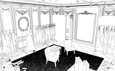 Siyah ve beyaz çizgili iç mekan görselleştirmesi, 3D illüstrasyon 