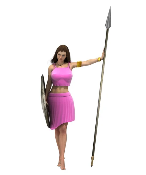 身穿粉色衣服 头戴长矛和盾牌的女战士 — 图库照片