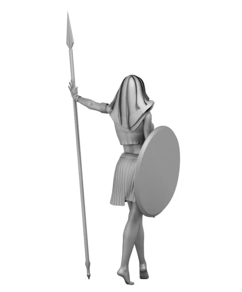 Mızrağı Kalkanı Olan Savaşçı Kızın Gri Modeli — Stok fotoğraf