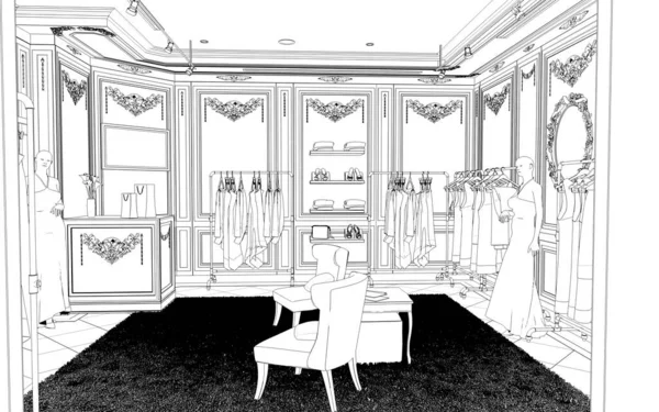 Černobílé Lemované Zobrazení Interiéru Obchodu Ilustrace — Stock fotografie