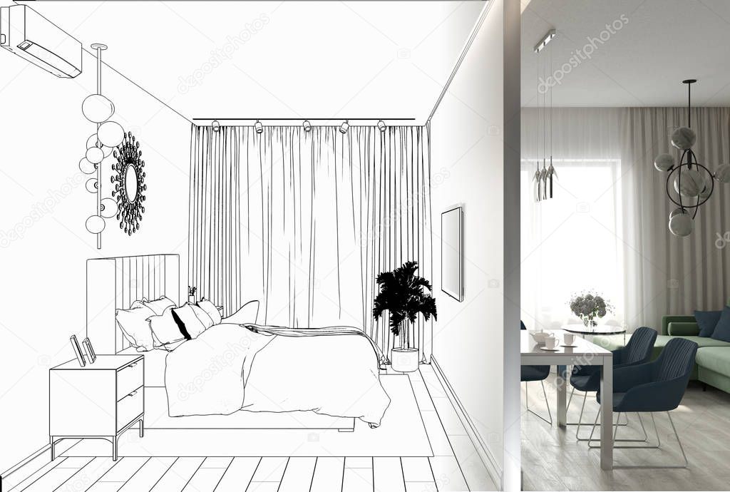 interior visualization, 3D illustration, outline