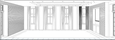Siyah ve beyaz çizgili iç mekan görselleştirmesi, 3D illüstrasyon 