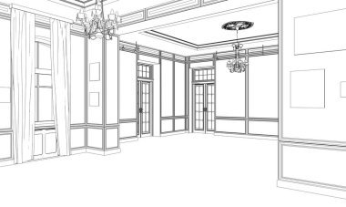 Siyah ve beyaz çizgili iç mekan görselleştirmesi, 3D illüstrasyon 