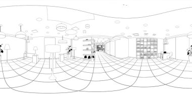 Siyah ve beyaz çizgili iç mekan görselleştirmesi, 3D illüstrasyon 